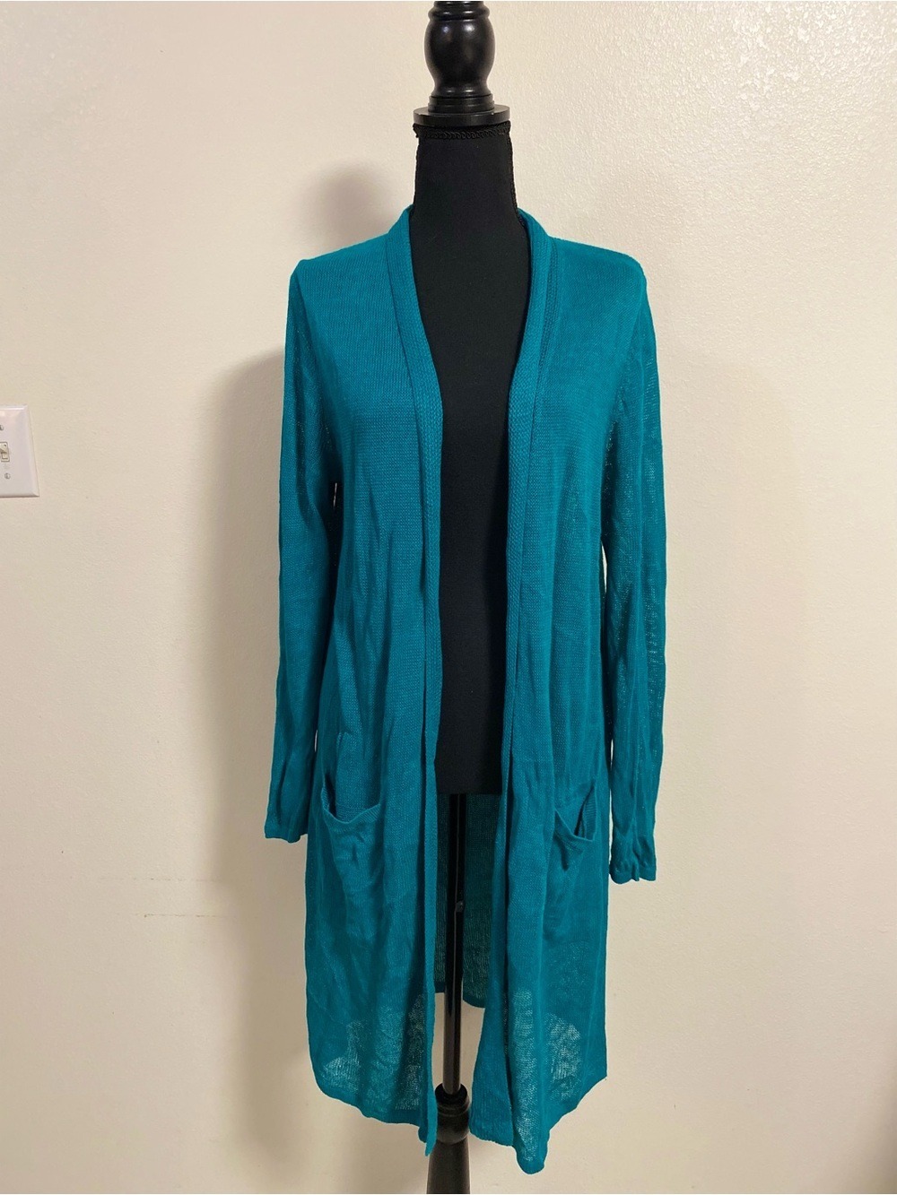 J. Jill Cardigan Teal Green Open-Front Longline Cardigan Sweater Linen Blend